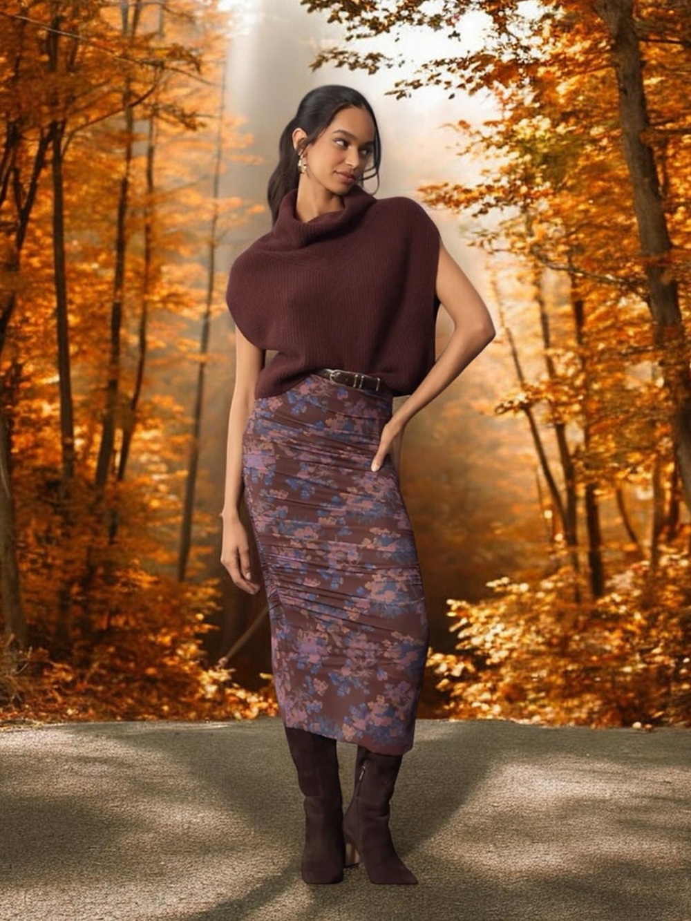 Anthropologie Floral Ruched Mesh Midi Pencil Skirt (J)